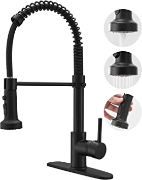 Photo 1 of BESy Commercial Kitchen Faucet with Pull Down Sprayer, Solid Brass High-Arc Single Handle Single Lever Spring Rv Kitchen Sink Faucet with Pull Out Sprayer, 3 Function Laundry Faucet, Matte Black
