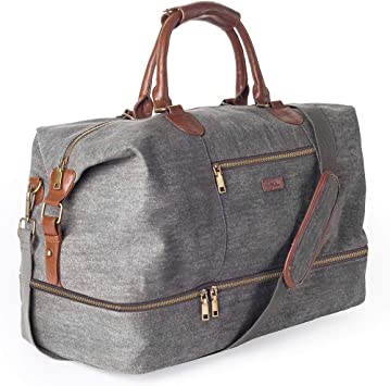 Photo 1 of MyMealivos Canvas Weekender Bag, Overnight Travel Carry On Duffel Tote with Shoe Pouch (Grey)
