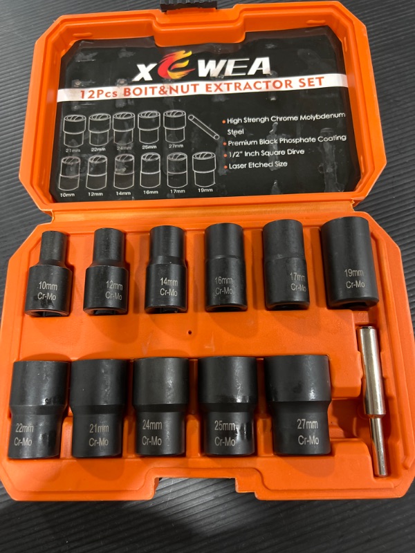 Photo 2 of XEWEA Bolt Nut Extractor Set Easy Out Broken Lug Nut Extraction Remover Socket Set for Damaged, Frozen,Studs,Rusted, Rounded-Off Bolts&Nuts Screws- 12Pcs 1/2" Drive
