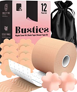 Photo 1 of Busties Athletic Tapes & Wraps, Instant Breast Lift Breast Tape for A-DD, Athletic Tape, Incl. 1 Breast Lift Tape, 4 Pairs Satin Breast Petals, 1 Pair Silicone Nipple Stickers
