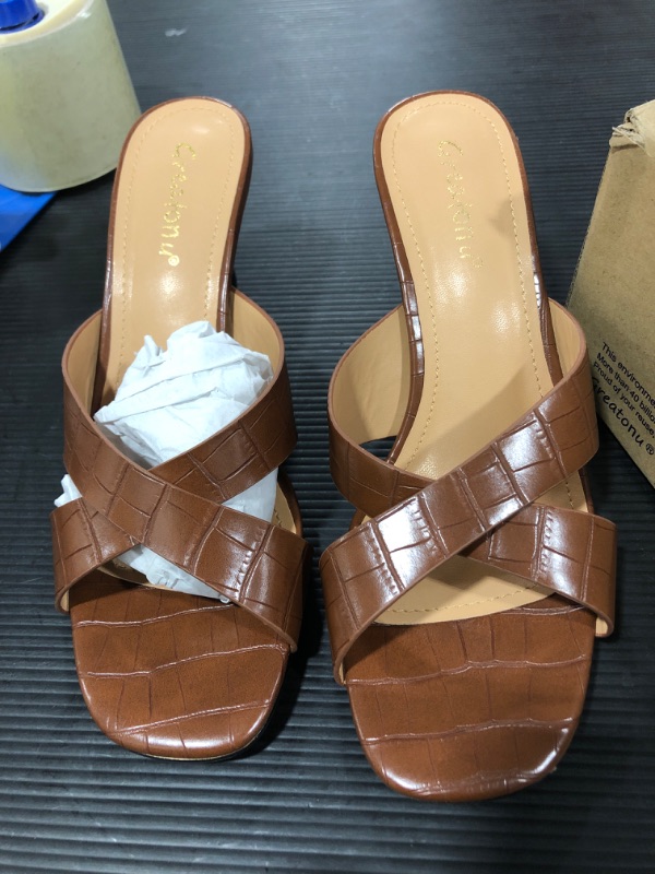 Photo 1 of Greatonu Women's Square Toe heels Open Toe Slip-on Sandals Heeled Mules Brown, Size 7