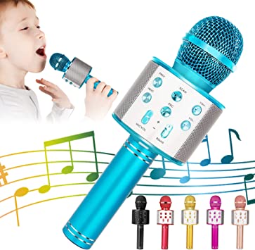 Photo 1 of 5-in-1 Portable Handheld Karaoke Mic Speaker Player Recorder with Adjustable Remix FM Radio for Kids-BLUE