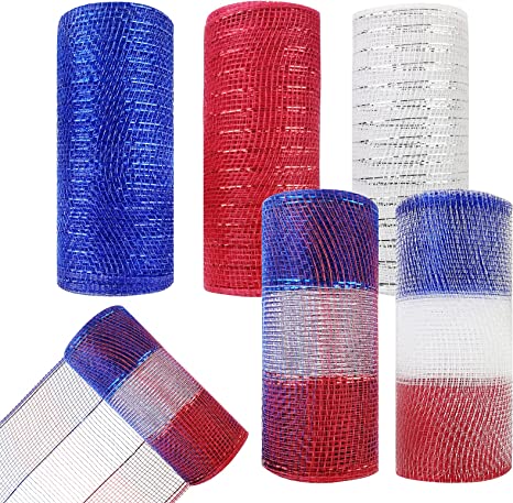 Photo 1 of 5 Rolls Patriotic Mesh Metallic Foil Ribbon Red White Blue Mesh Rolls 4th of July Poly Mesh Ribbon Deco Metallic for DIY Patriotic Crafting Wreaths Party Decorations Wrapping Gift Craft, 5 Colors