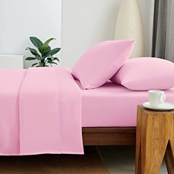 Photo 1 of Bed Sheet Set King Size - 4 Piece Ultra Soft Microfiber Bedding Sheets & Pillowcases Set with 1 Fitted Sheet 1 Flat Sheet 2 Pillowcases, Deep Pocket Bed Set for King Mattress, Pink