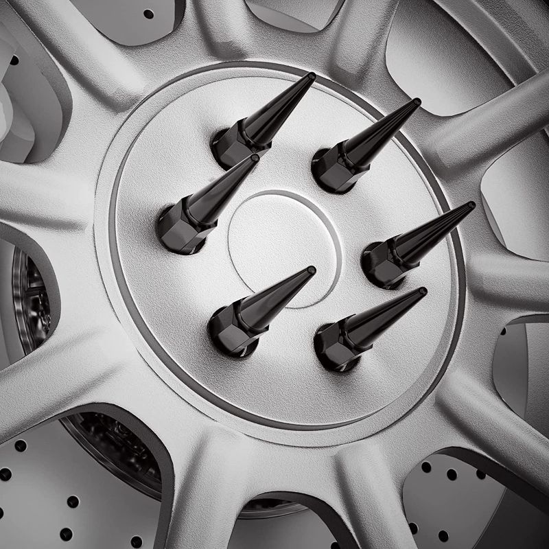 Photo 2 of [Chevy Silverado] DYNOFIT 14 mm x 1.5 Wheel Spike Lug Nuts, 24 x Black M14x1.5 Lug Nut, Cone/Conical Bulge Seat