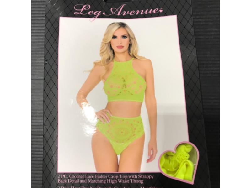 Photo 2 of [Size S/M] Leg Avenue Women S 2PC Crochet Lace Halter Crop Top with Strappy Back and Thong [Neon Yellow]