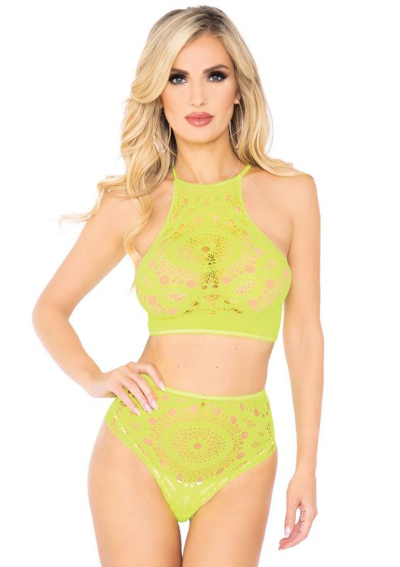 Photo 1 of [Size S/M] Leg Avenue Women S 2PC Crochet Lace Halter Crop Top with Strappy Back and Thong [Neon Yellow]