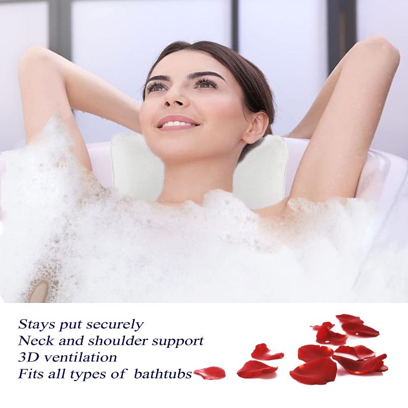 Photo 2 of Bath Pillow for Tub, Non Slip, Breathable Soft, Comfortable Head Neck Support, Machine Washable, 2 Suction Cups(Off White)