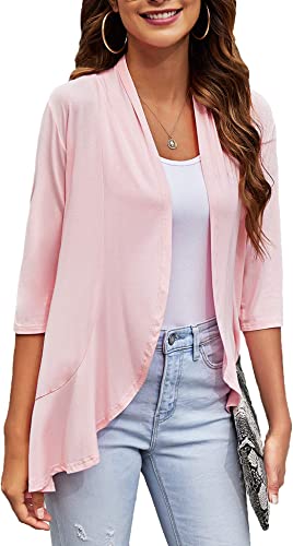 Photo 1 of [Size L] Bluetime Women's Casual Lightweight Open Front Cardigans Soft Draped Ruffles 3/4 Sleeve Cardigan [Pink]
