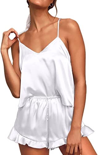 Photo 2 of [Size M] CHYRII Women's Sexy Silk Satin Ruffled Pajamas Sets Cami Shorts Sets Sleepwear [White]