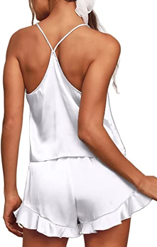 Photo 1 of [Size M] CHYRII Women's Sexy Silk Satin Ruffled Pajamas Sets Cami Shorts Sets Sleepwear [White]