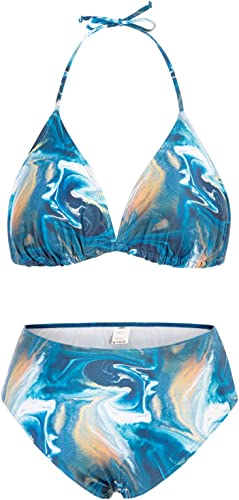 Photo 2 of [Size 24W] Women's Plus Size Halter Bikini Bathing Suits with Mesh Drawstring Cover Up [Blue] 