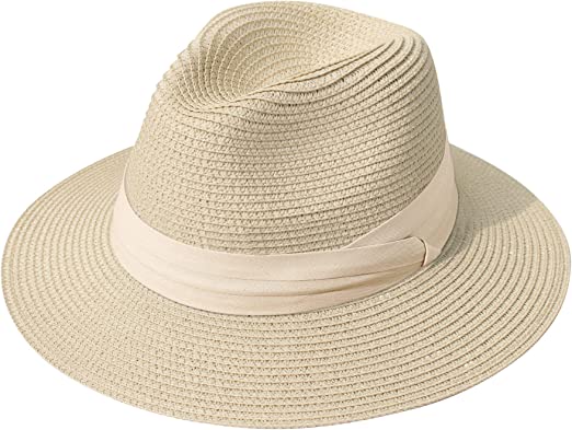 Photo 1 of Lanzom Women Wide Brim Straw Panama Roll up Hat Belt Buckle Fedora Beach Sun Hat UPF50+ [56-58cm]