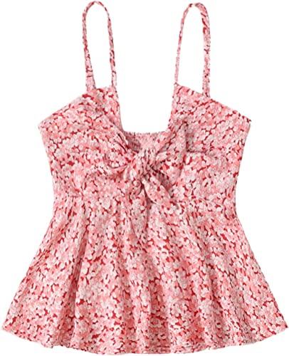 Photo 2 of [Size XS] SheIn Women's Floral Smocked Peplum Crop Top Ruffle Boho Tie Front Sleeveless V Neck Shirred Cami