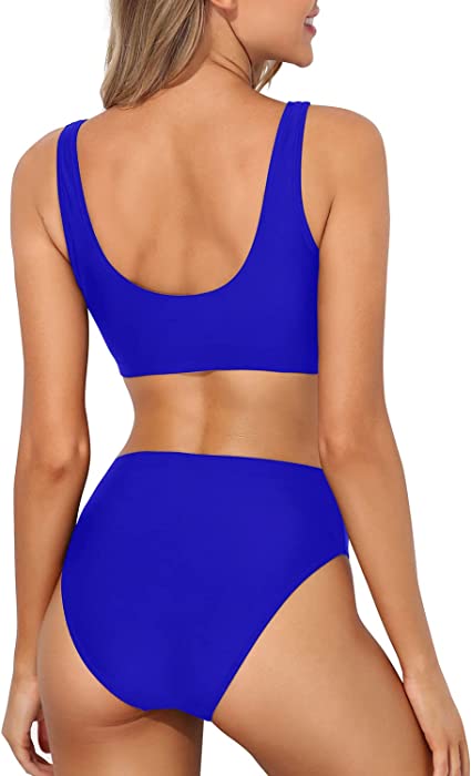 Photo 2 of [Size L] Tempt Me Women Two Piece Scoop Neck Bikini Crop Top High Cut Swimsuit [Royal Blue]