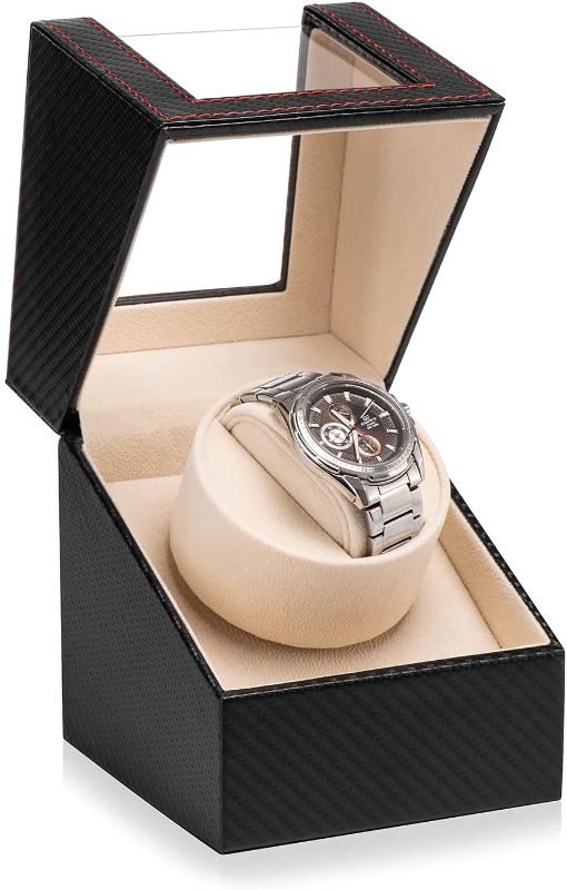 Photo 1 of Efaithtek Automatic Single Watch Winder in Black Carbon Fiber Leather, with Japanese Mabuchi Quiet Moto [AC Adapter or Battery Powered]