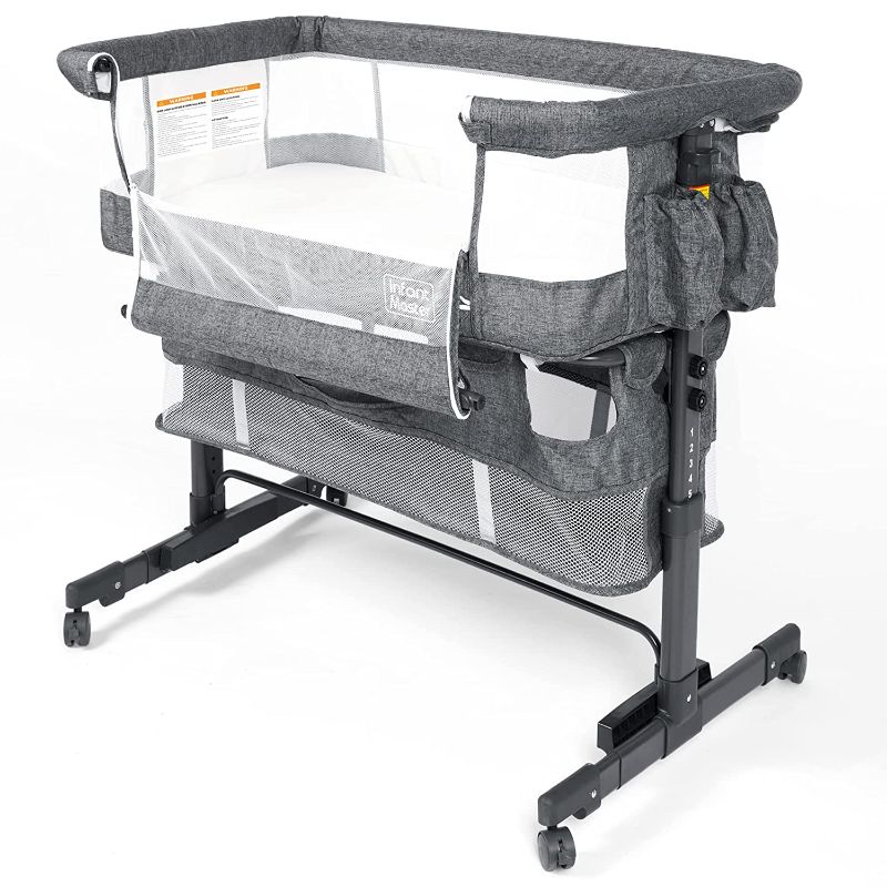 Photo 1 of Portable Crib, Infant Master Bedside Bassinet, Portable Travel Crib with 5 Gears Height Adjustable, Fold-able Baby Bed, bassinets for Newborn [Grey]