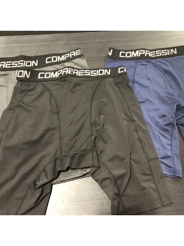 Photo 1 of [Size M] 3 Pack Men Compression Shorts Active Workout Underwear with Pocket Black-Grey-Dark Blue