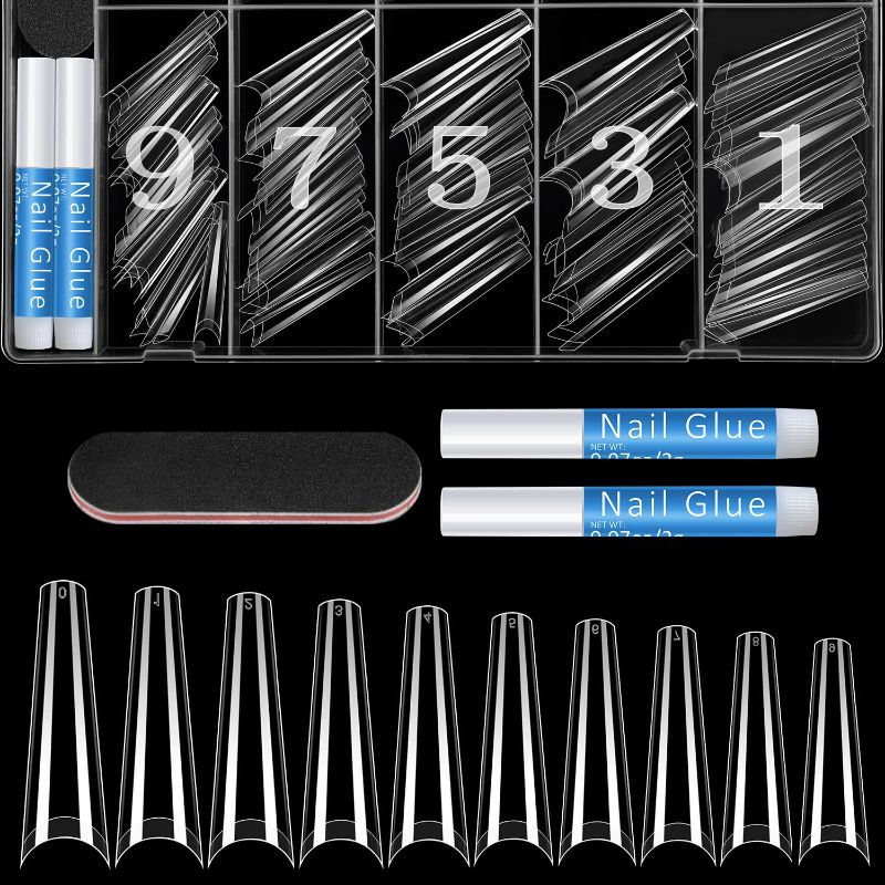 Photo 3 of  Ejiubas False Nails Kit- Coffin Nails Tips Long - Clear Nail Tips Nail Glue 300PCS Acrylic Nail Tips Half Cover