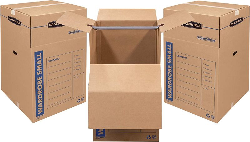Photo 1 of Bankers Box SmoothMove Wardrobe Moving Boxes, Short, 20 x 20 x 34 Inches, 3 Pack (7710902)
