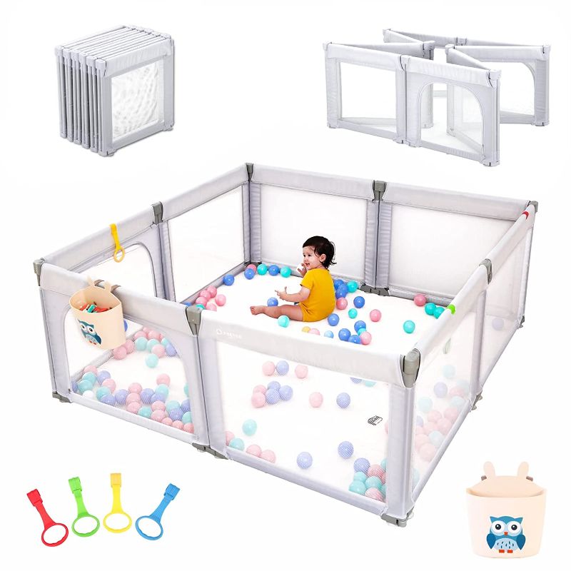 Photo 1 of Preneo Foldable Baby Playpen, Play Pens for Babies and Toddlers, with 4 Pull Rings and 1 Storage Box, Large Playards for Easy Installation and Storage, Material Safety and Stability.
