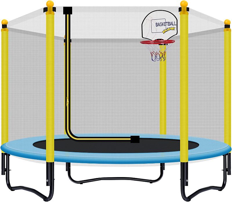 Photo 1 of 60" Kids Trampoline with Safety Enclosure Net, 5FT Toddler Indoor & Outdoor Trampoline /w Basketball Hoop - Parent-Child Interactive Game Fitness Trampoline Toy Gift for Boys and Girls Age 1-8
