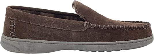 Photo 1 of [Size 11.5] Mens Freddie Suede Moccasin House Shoe Indoor Outdoor Slip Resistant [Dark Brown]