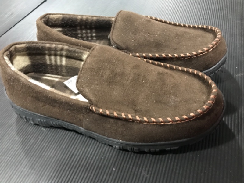 Photo 2 of [Size 11.5] Mens Freddie Suede Moccasin House Shoe Indoor Outdoor Slip Resistant [Dark Brown]