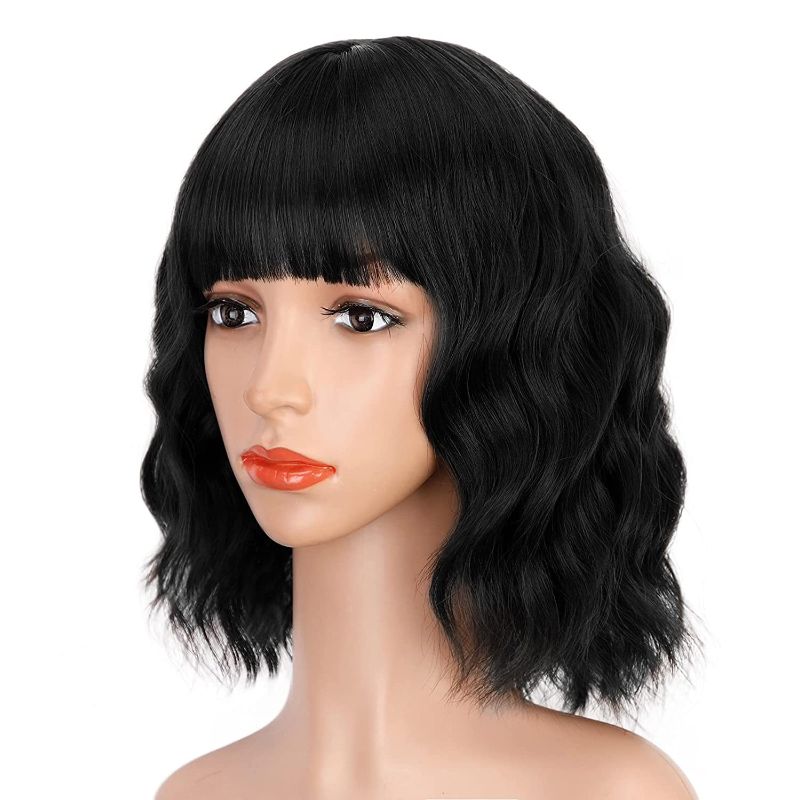 Photo 1 of ENTRANCED STYLES Wig with Bangs Short Wavy Bob [Black]