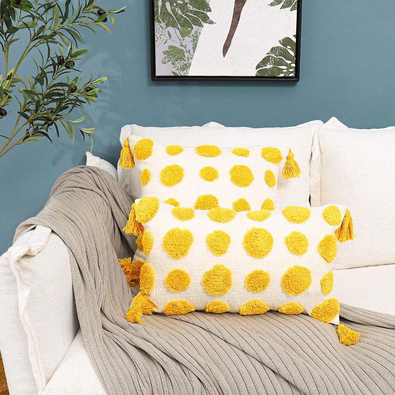 Photo 2 of Boho Yellow Throw Pillow Cover 12x20 Inch with Tassels, Pom Pom Tufted Decorative Cream Chenille Fabric