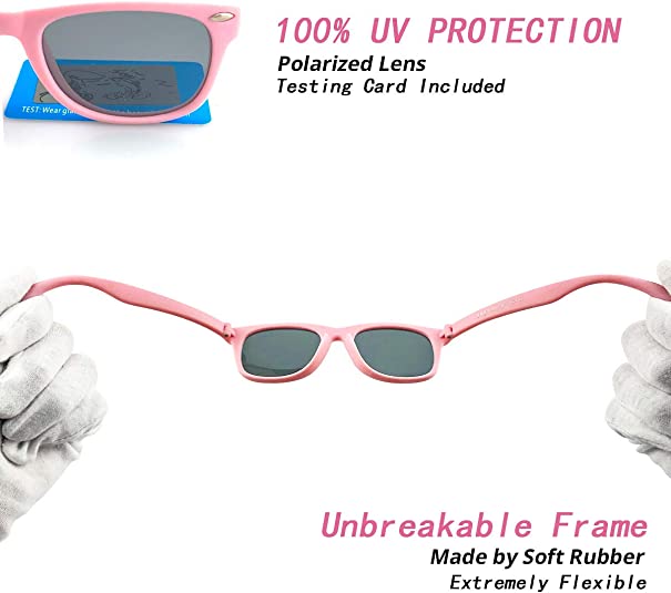 Photo 2 of COASION Kids Polarized Sunglasses TPEE Rubber Flexible Shades for Girls Boys Age 3-9 [ Pink Frame/Grey Lens]

