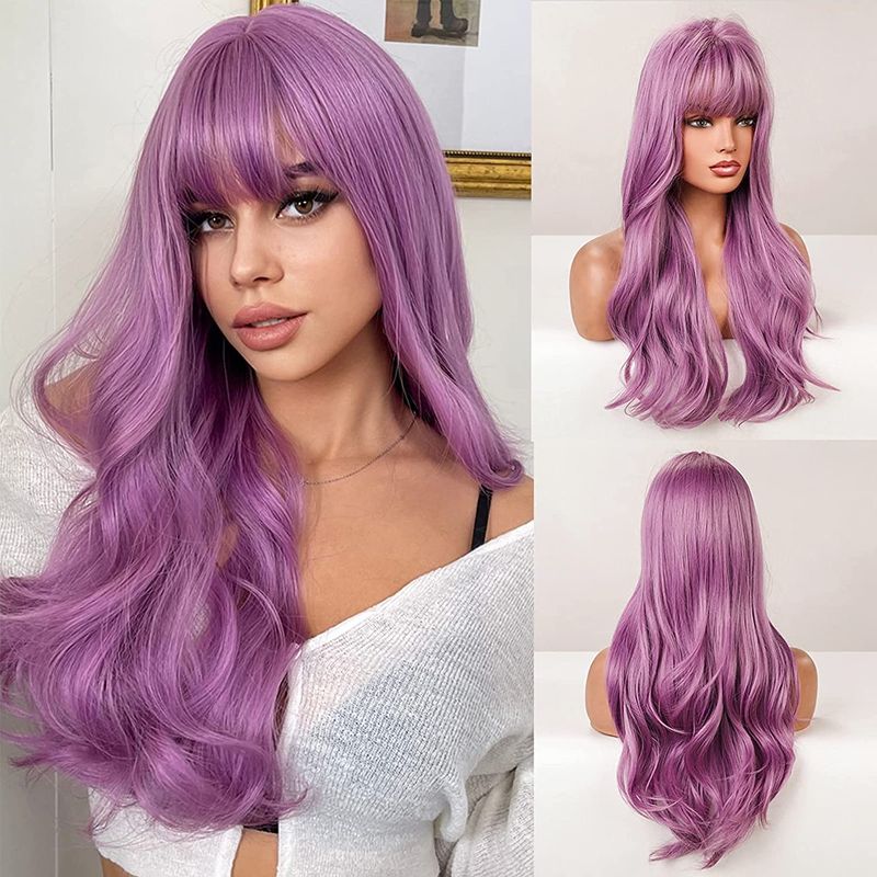 Photo 1 of AISI QUEENS Purple Wigs for Women Long Purple Wig with Bangs Purple Wavy Wigs Purple Synthetic Heat Resistant Wigs for Daily Party?26 inch?