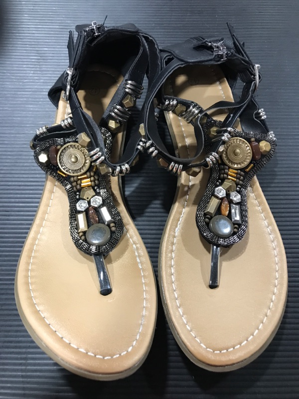 Photo 2 of [Size 42] LYNLYN Sandals Bohemian Women's Sandals Slippers Summer Rhinestone Beaded Women's Flat Shoes Ladies Sandals [Black]