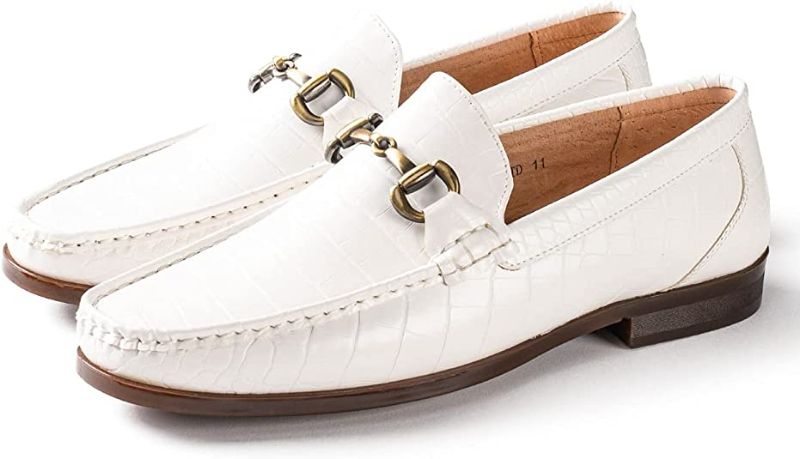 Photo 1 of [Size 10.5] Easy Strider Men’s Loafer Shoes | Sleek Slip On Dress & Casual Shoes with Elegant Silver Metal Buckle [White]