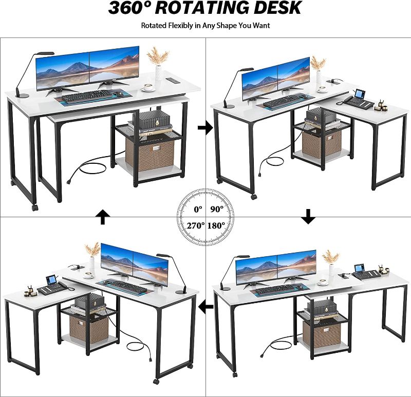 Photo 1 of Armocity 360° Rotating Desk with Outlets and USB Ports, Reversible L-Shaped Desk, Modern Corner Computer Desk with Adjustable Storage Shelves, 71 Inch Large Computer Desk for Workstation, White/ SELLING FOR PARTS ONLY 
