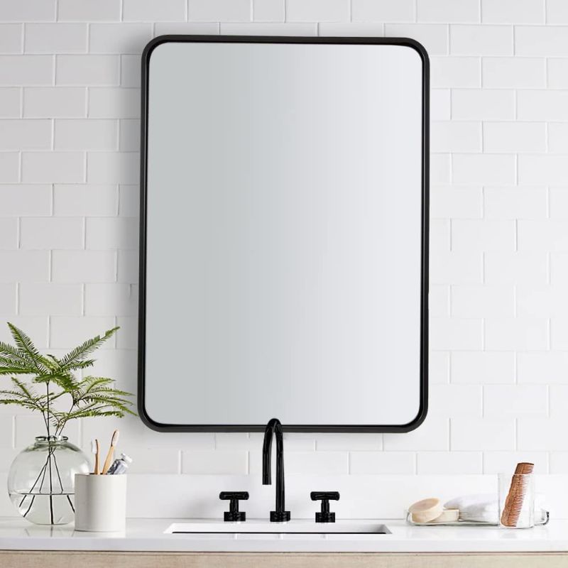 Photo 1 of  Wall Mirror for Bathroom 24X36, Matte Black Mirror, Modern Black Vanity Mirror, Rounded Rectangle Mirror Metal Frame Farmhouse Mirror
