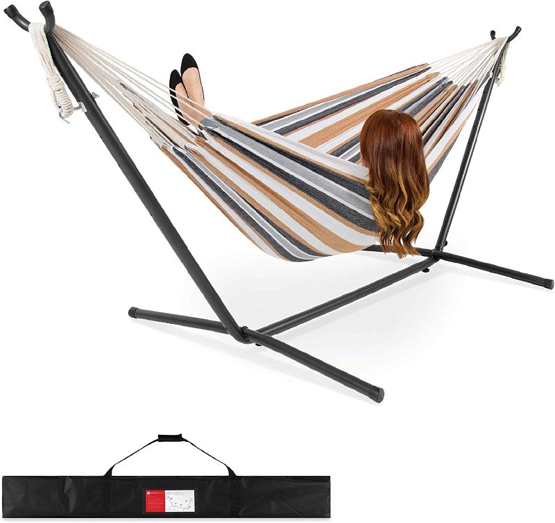 Photo 1 of Best Choice Products 2-Person Double Hammock with Stand Set, Indoor Outdoor Brazilian-Style Cotton Bed for Backyard, Camping, Patio w/Carrying Bag, Steel Stand, 450lb Weight Capacity - Desert Stripes
