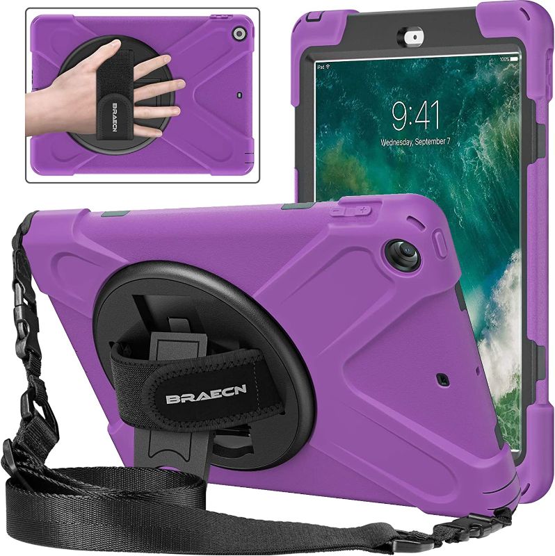 Photo 1 of BRAECNstock iPad 9.7inch 6th/5th Generation (2018/2017 Version) Case Heavy Duty Stand Shockproof Protective Case for Apple iPad 9.7 inch with Adjustable Hand Strap&Shoulder Strap (Purple)