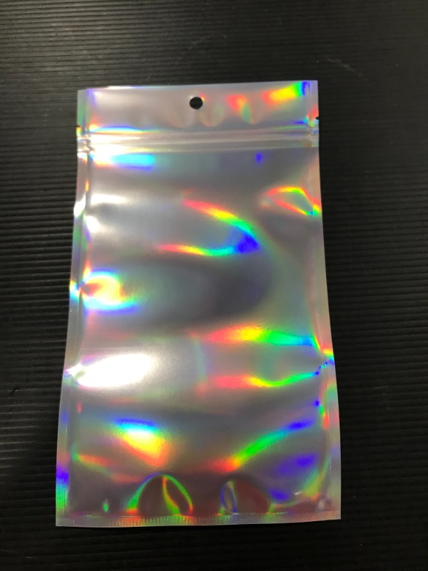 Photo 4 of 100 Pieces 5 X 7 Inch Holographic Bags - Smell Proof Bags Packaging Storage Bags for Small Business, Food Storage, Lip Gloss, Jewelry, Sample