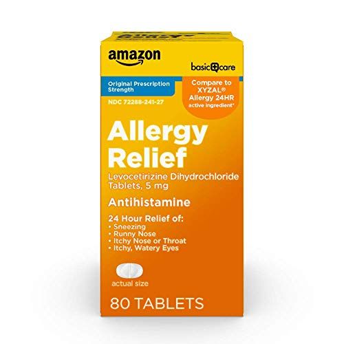 Photo 1 of Amazon Basic Care Levocetirizine Dihydrochloride Tablets, 5 Mg, Antihistamine, All Day Allergy Relief, 80 Count