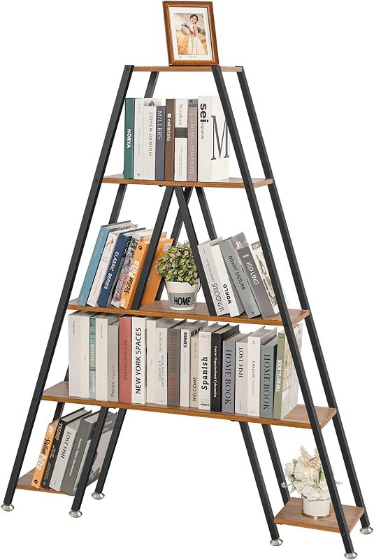 Photo 1 of Aibohayi 5-Tier Bookshelf A-Shaped Bookcase Wooden Ladder Shelf with Metal Frame