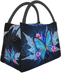 Photo 1 of Blue Butterfly Lunch Bag Insulated Water-Resistant Tote Bag Reusable Lunch Box For Picnic Travel
