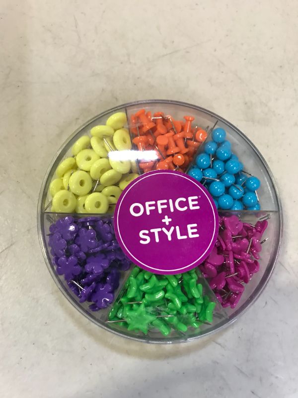 Photo 2 of Office Style Decorative Multi-Colored Shaped Push Pins for Home & Office, Six Colors for Different Projects in Reusable Organizing Container, 280 Pieces, by Office + Style (OS-280SHAPEPP)

