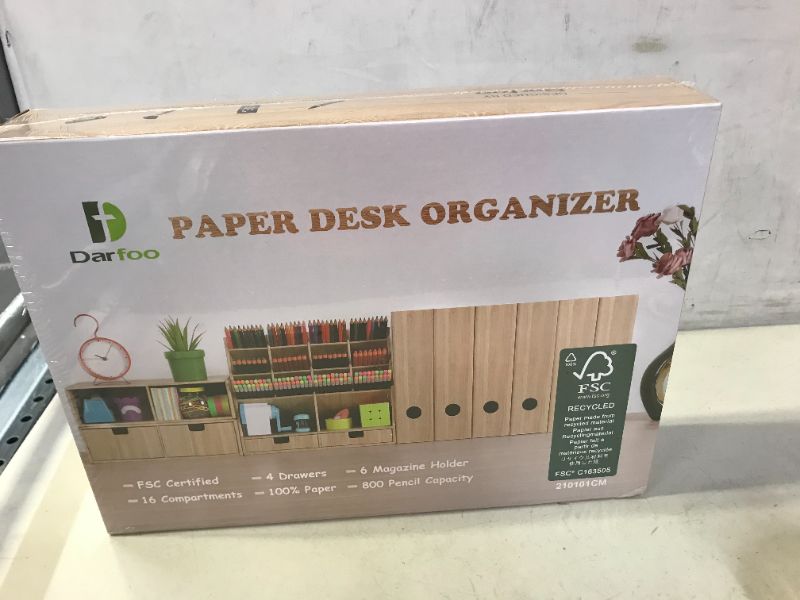 Photo 2 of Desk Organizer Set with 6 Magazine File Holder Organizer 4 Drawers & 16 Compartments - Huge Capacity Pen organizer for Home, School, Office Supplies, FSC Certified Cardboard, DIY Project, Wood Color
FACTORY SEALED 