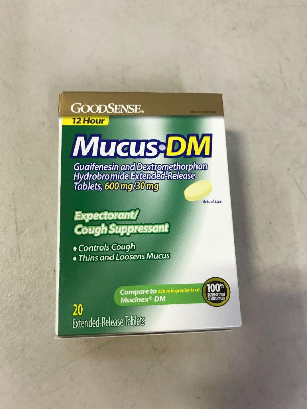 Photo 2 of `GoodSense Mucus DM Guaifenesin and Dextromethorphan Hydrobromide Extended-Release Tablets, 600 mg/30 mg; Expectorant and Cough Suppressant, 20 Count
20 Count (Pack of 1) EXP JUNE 2022