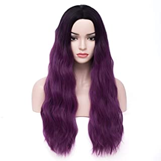 Photo 1 of BERON Long Wavy Wig Middle Part Curly Wig for Women Girls Heat Resistant Synthetic Cosplay Daily Wear Wig (Black to Taro Purple)
