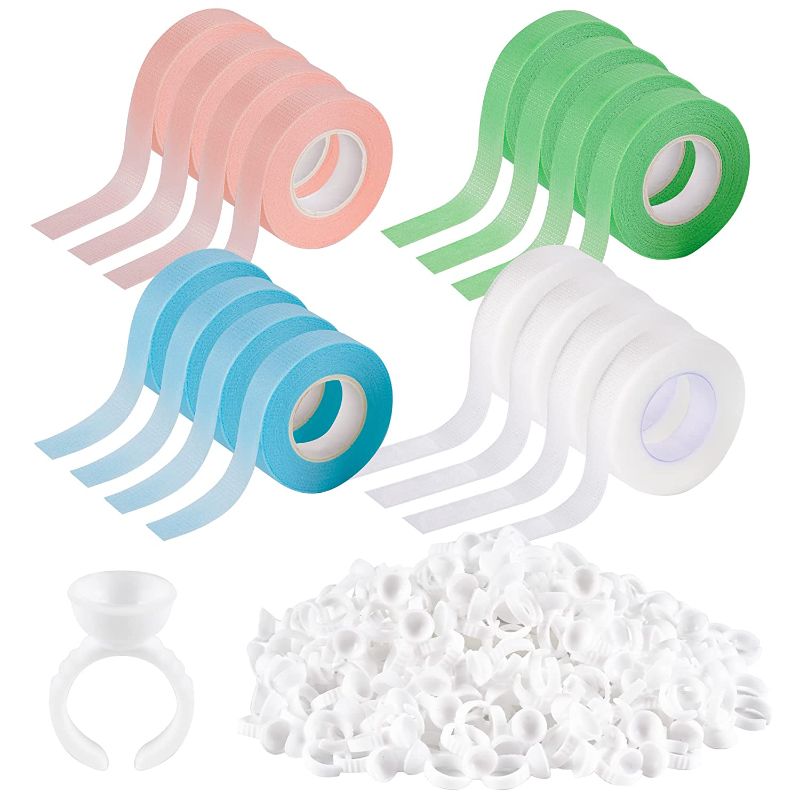 Photo 1 of 200 Pcs dispossible glue rings & 16 Rolls eyelash extension tapes,Breathable adhesive Fabric lash Tape,Micropore Medical Tape,Tattoo Glue Ring Holder, Disposable Pigment Ring Cup for Eyelash Extension
