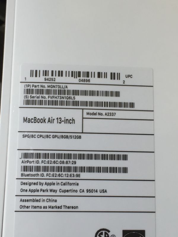 Photo 10 of Apple 13-in MacBook Air W Retina Display: M1, 8GB RAM, 512GB SSD - Space Gray (2020)
(factory sealed)