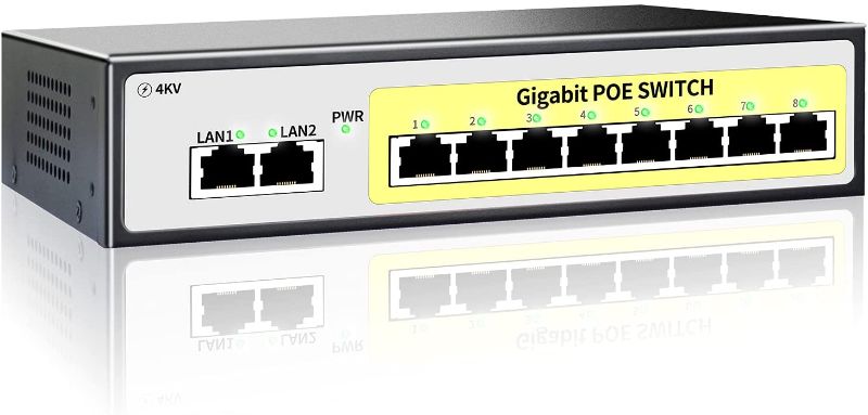Photo 1 of 8 Port Gigabit PoE Switch with 2 Gigabit Uplink, 802.3af/at@100W Built-in Power, 4kV Lightning Protection, Unmanaged Metal Plug and Play
