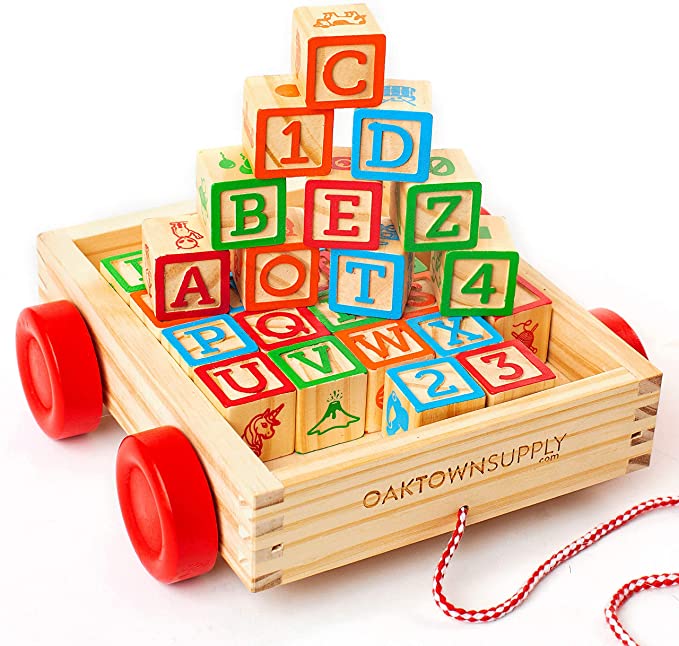 Photo 1 of Oaktown Supply Building Blocks for Toddlers 1-3 Years Old - 30 Large, Stackable, Wooden Baby Blocks with Alphabet and Number Icons on Every Side - Toy Wagon Included?